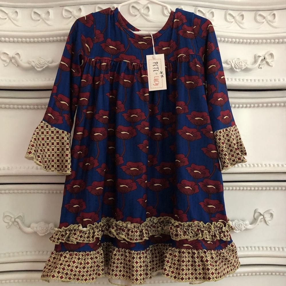 Nwt Pete & Lucy Ruffle dress size 3t long sleeves navy poppy luxury boutique